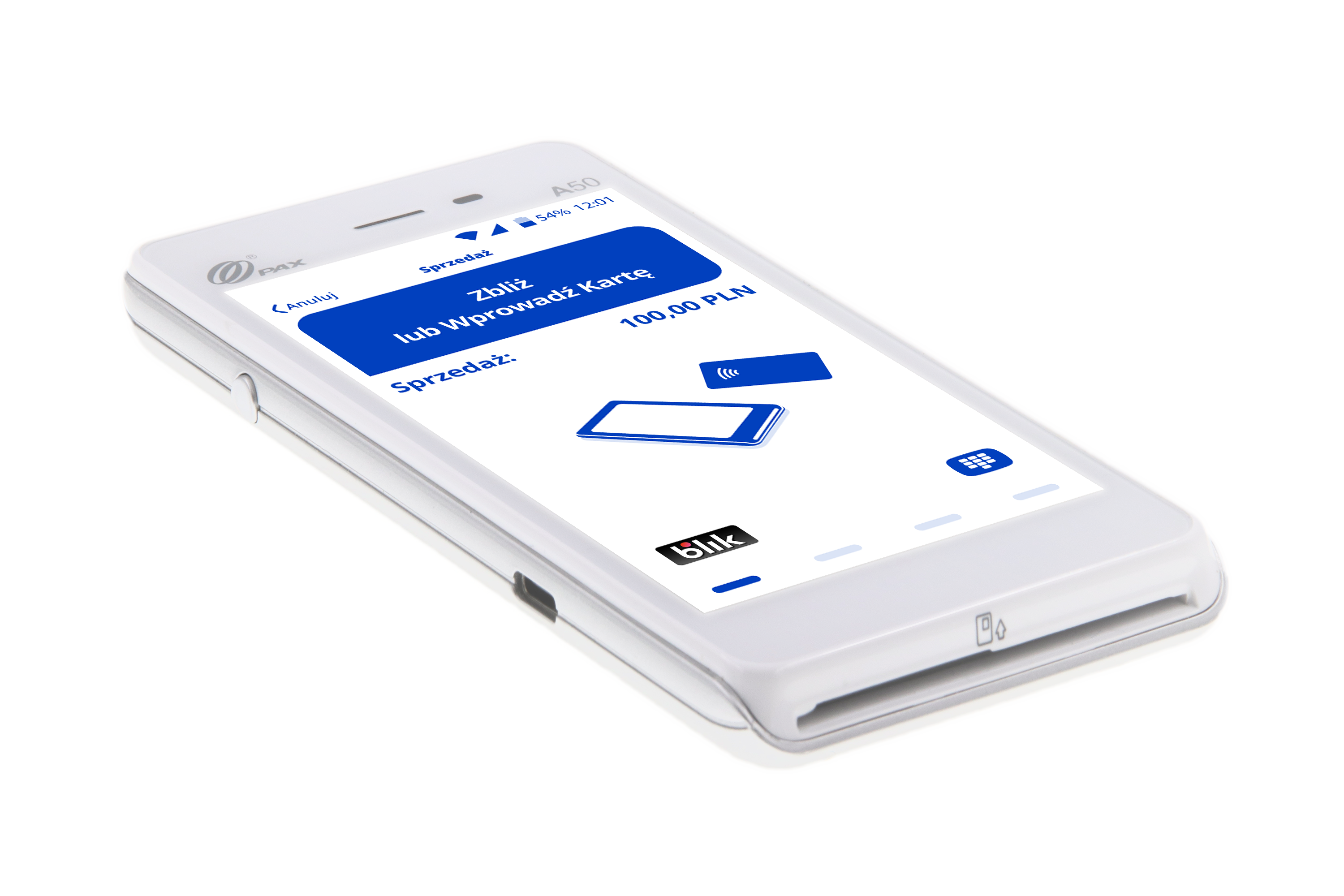 Terminal płatniczy PAX A50 — ekran z płatnością zbliżeniową i BLIK