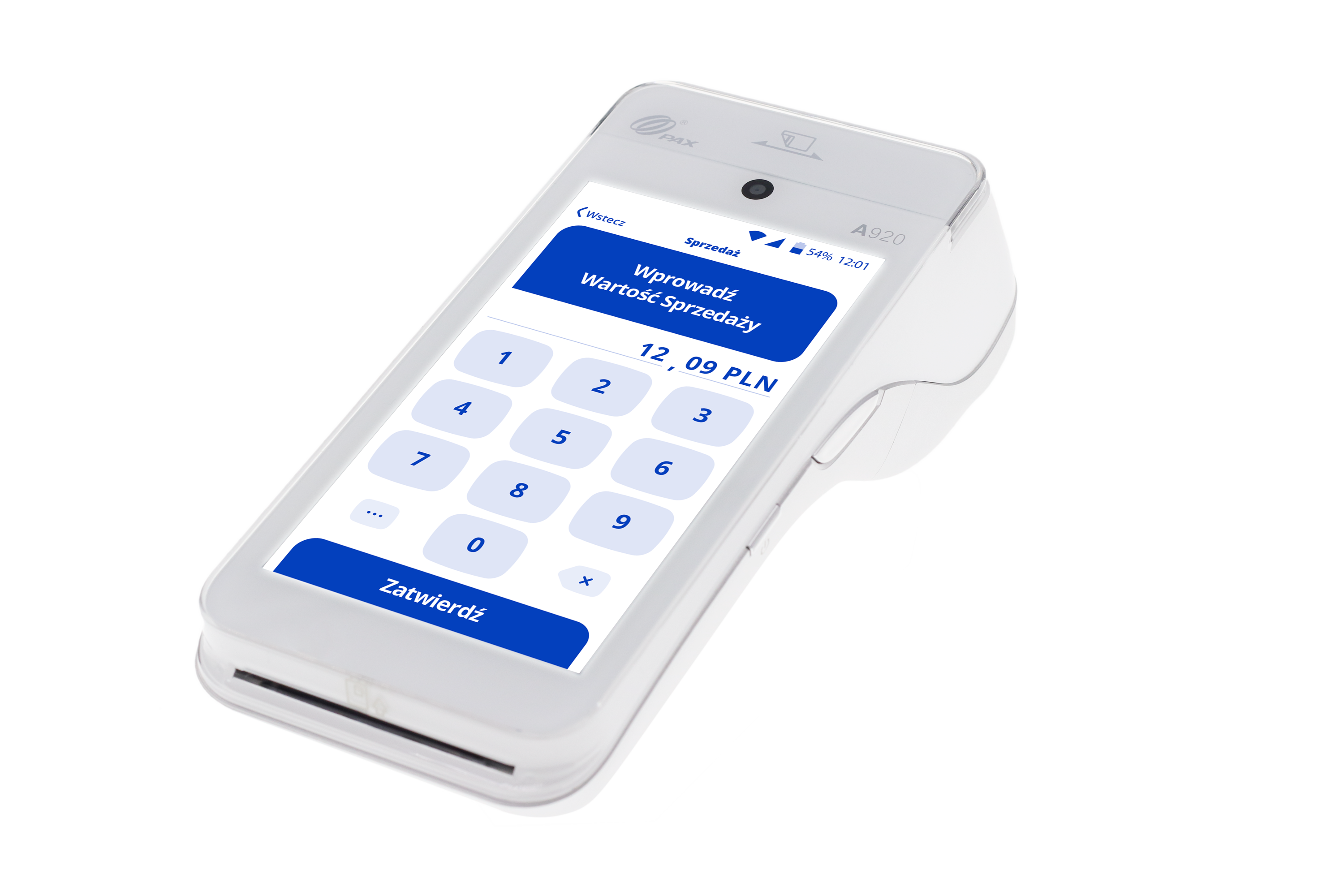 Terminal płatniczy PAX A920 — ekran sprzedaży z klawiaturą kwotową i przyciskiem Zatwierdź